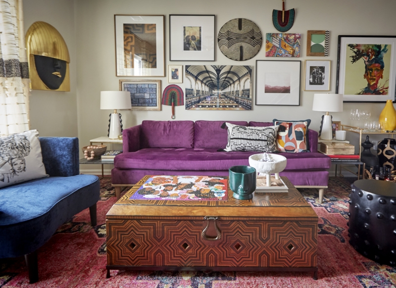 Eggplant Purple Velvet Sofa Styling with Eclectic Gallery Wall Layout