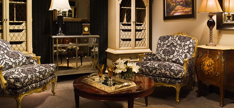Elegant Damask Armchairs Antique Gold Frames Mirrored Console Table