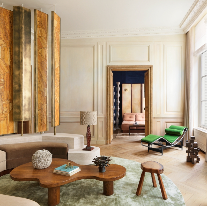 Emerald Chaise Lounge and Organic Wood Coffee Table in Eclectic Room