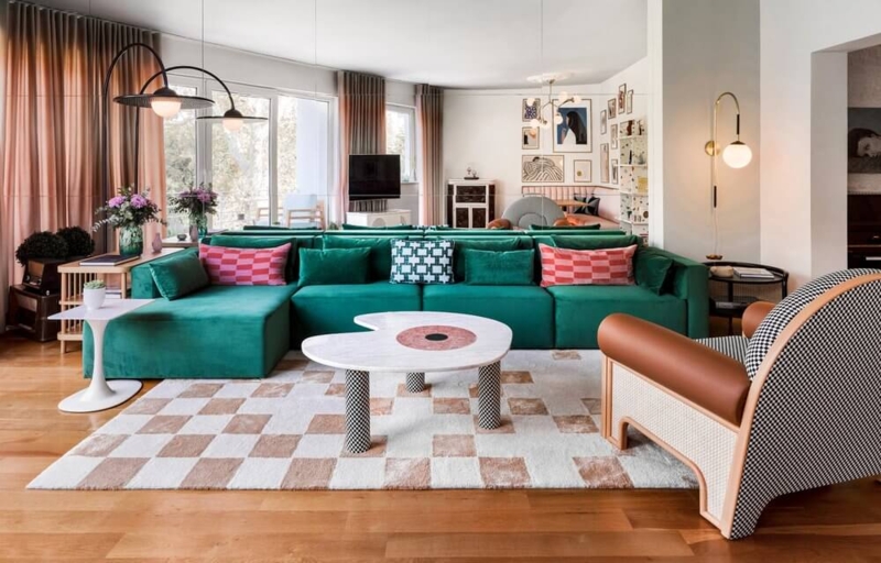 Emerald Green Sectional Sofa with Abstract Inlaid Coffee Table