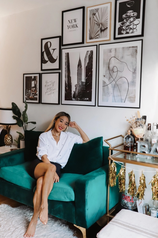 Emerald Green Velvet Loveseat Styling & Monochrome Gallery Wall
