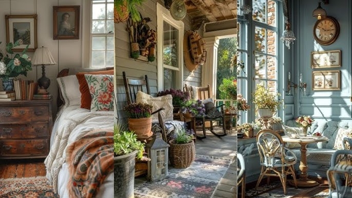 English Cottage Decor Ideas: Vintage Collage Bedroom & Porch Scenes