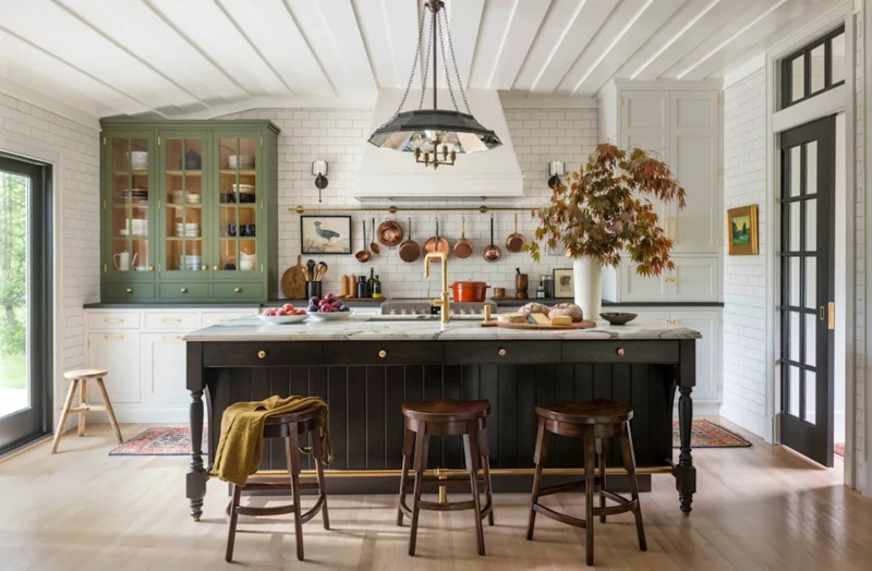 English Country Kitchen with Green Hutch and Hanging Copper Pots