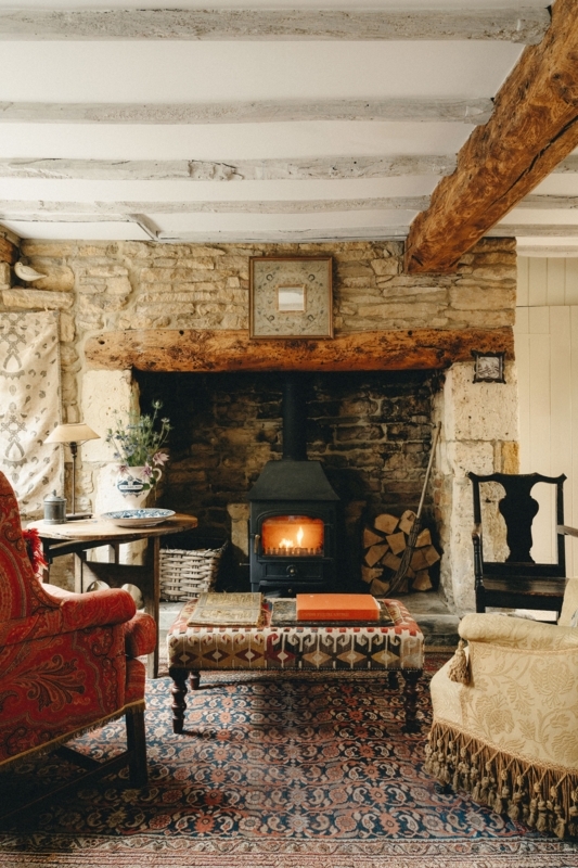 English Country Living Room with Stone Hearth & Pattern Mixing Ideas