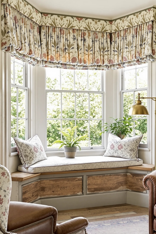 English Country Window Seat, Gathered Floral Valance, Sage and Rose.