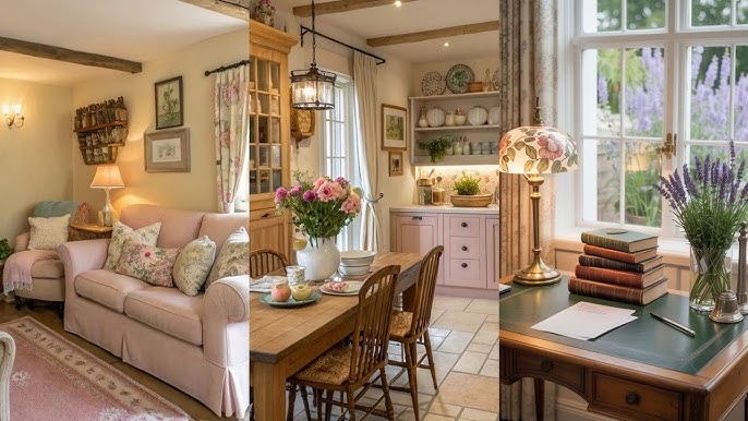 English Countryside Home: Triptych Layout with Floral Sofa & Antique Desk