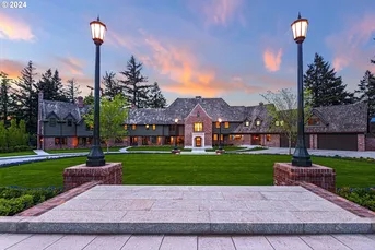Estate Grounds: Stately Brick Mansion, Multiple Gables, Lampposts