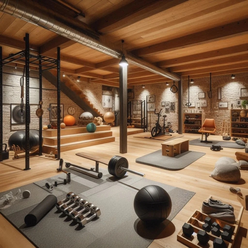 Expansive Rustic Basement Gym Layout With Exposed Brick Walls