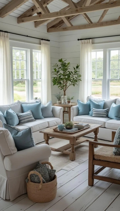 Exposed Beam Ceiling Living Room White Slipcovered Sofas