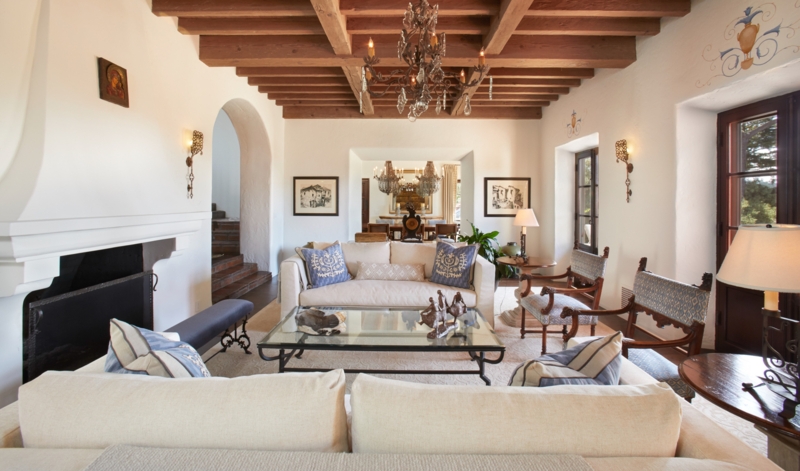 Exposed Ceiling Beams in Spanish Revival Living Room Design