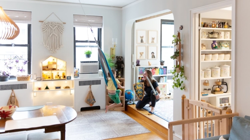 Family Living Room with Indoor Swing and Organized Open Pantry Layout