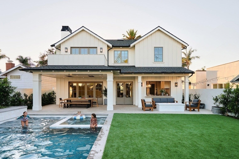 Farmhouse Backyard Layout: White Board & Batten, Integrated Pool