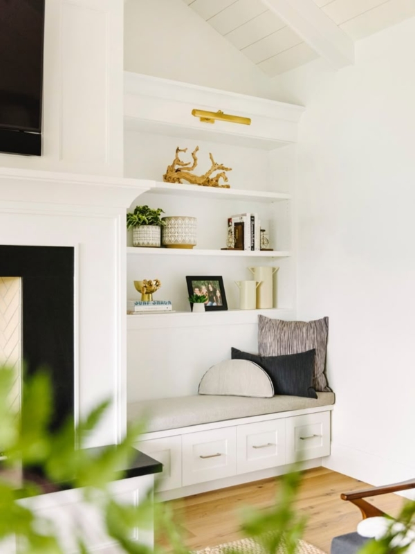 Farmhouse Built-in Window Seat with Integrated Storage Drawers.