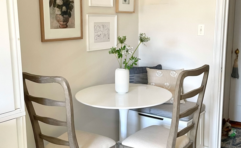 Farmhouse Dining Nook with Ladder Back Chairs and Storage Bench