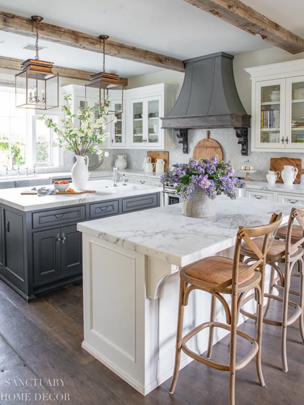 Farmhouse Kitchen with Double Islands & Rustic Ceiling Beams