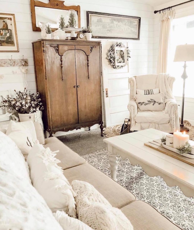 Farmhouse Living Room Scalloped Coffee Table Vintage Armoire