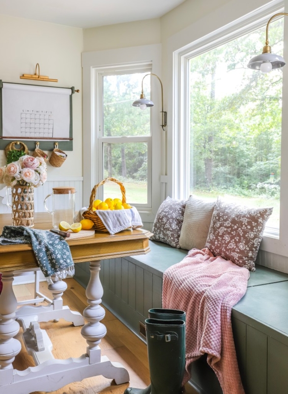 Farmhouse Nook: Sage Green Window Bench & Pedestal Dining Table