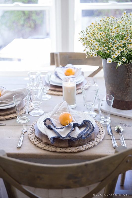 Farmhouse Table Setting Lemon Napkin Accents Chamomile Centerpiece
