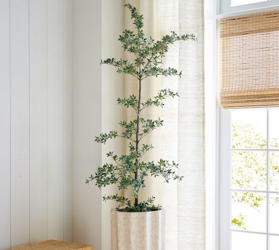 Faux Black Olive Tree Fluted Planter Sparse Leaf Clusters Organic