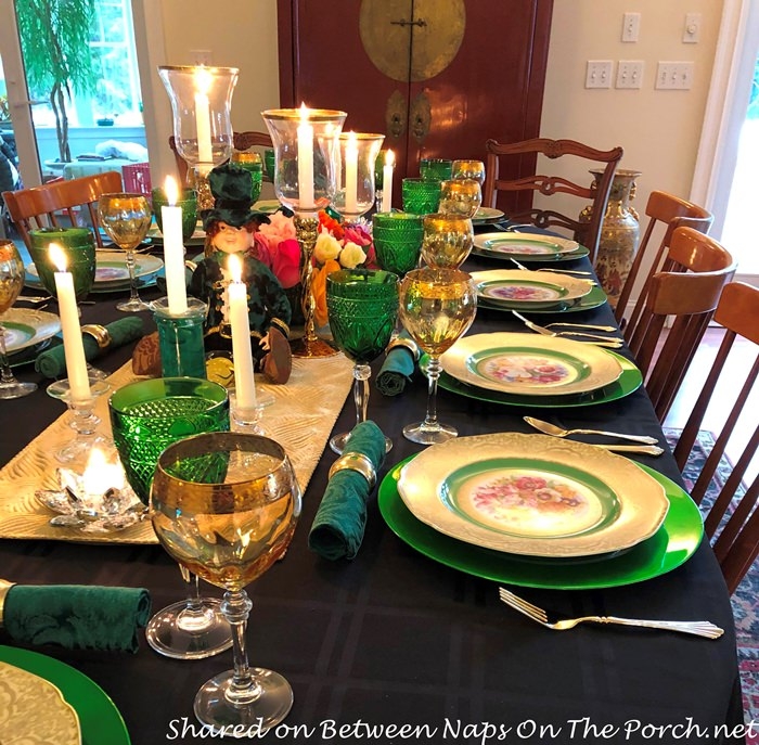 Festive Table Setting Emerald Green Glassware Antique Bavarian China