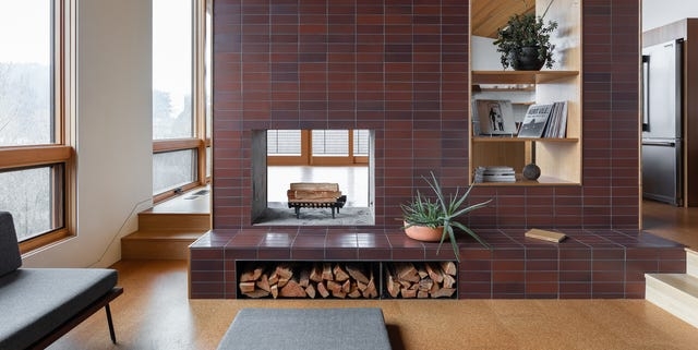 Fireplace Burgundy Tile Wall Double Sided Integrated Log Niche