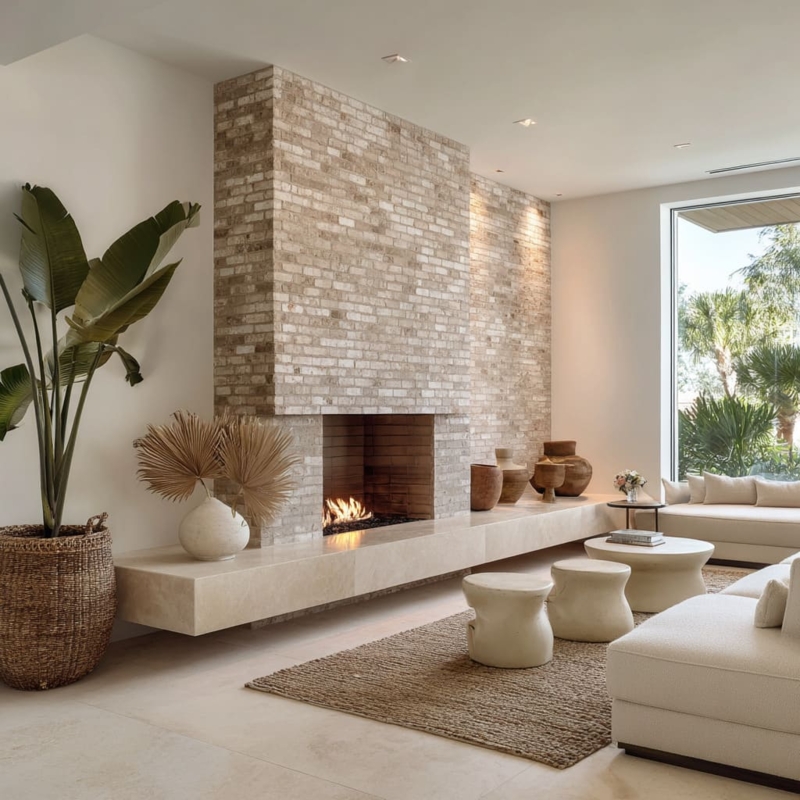 Fireplace Cantilevered Hearth Multi Tonal Brick Organic Style