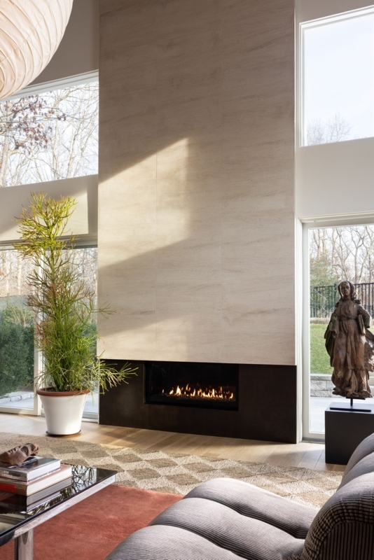 Fireplace Floor To Ceiling Stone Surround Linear Gas Design
