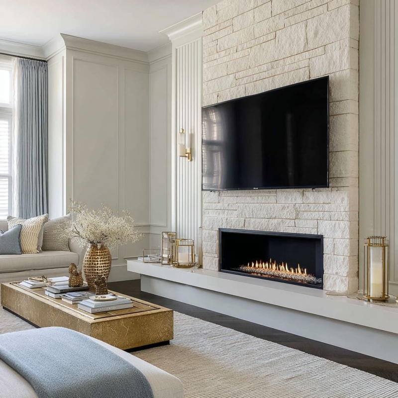 Fireplace Fluted Wall Paneling Stone Wall Gold Accents