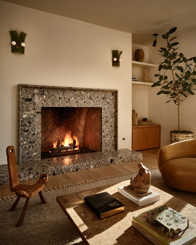 Fireplace Herringbone Firebox Speckled Stone Surround