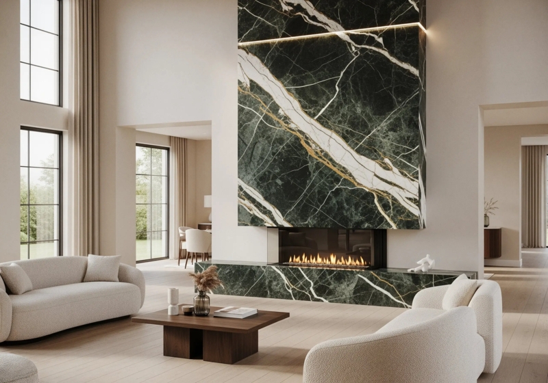 Fireplace Mantel Monolithic Green Marble Bold Veining Quiet Luxury