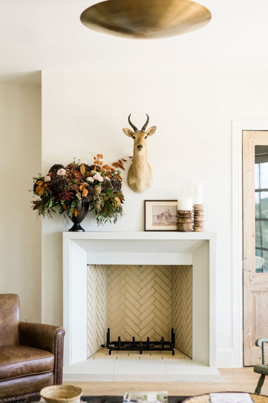 Fireplace Mantel Oversized Florals White Surround Taxidermy Decor