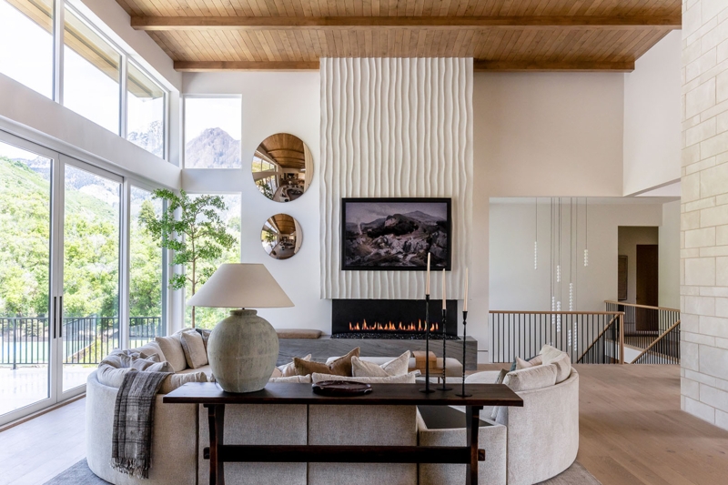 Fireplace Ribbed Surround Wood Paneled Ceiling Floor To Ceiling