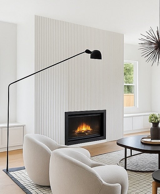 Fireplace Slatted Surround Curved Barrel Chairs Minimalist Design