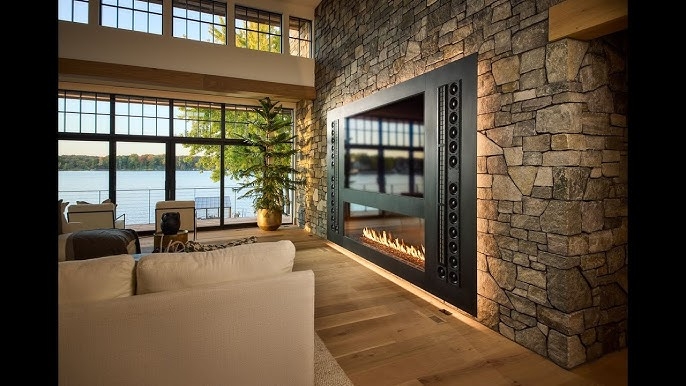 Fireplace Stacked Stone Wall Integrated Audio Visual Vaulted