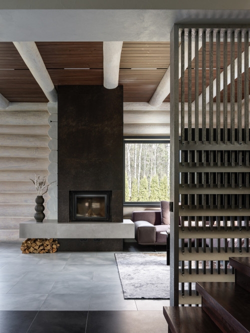 Fireplace Whitewashed Log Interior Floating Concrete Hearth