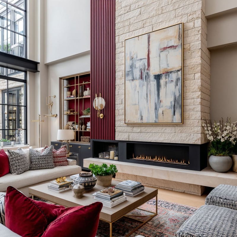 Fireplace Wine Red Ribbing Limestone Tower Double Height
