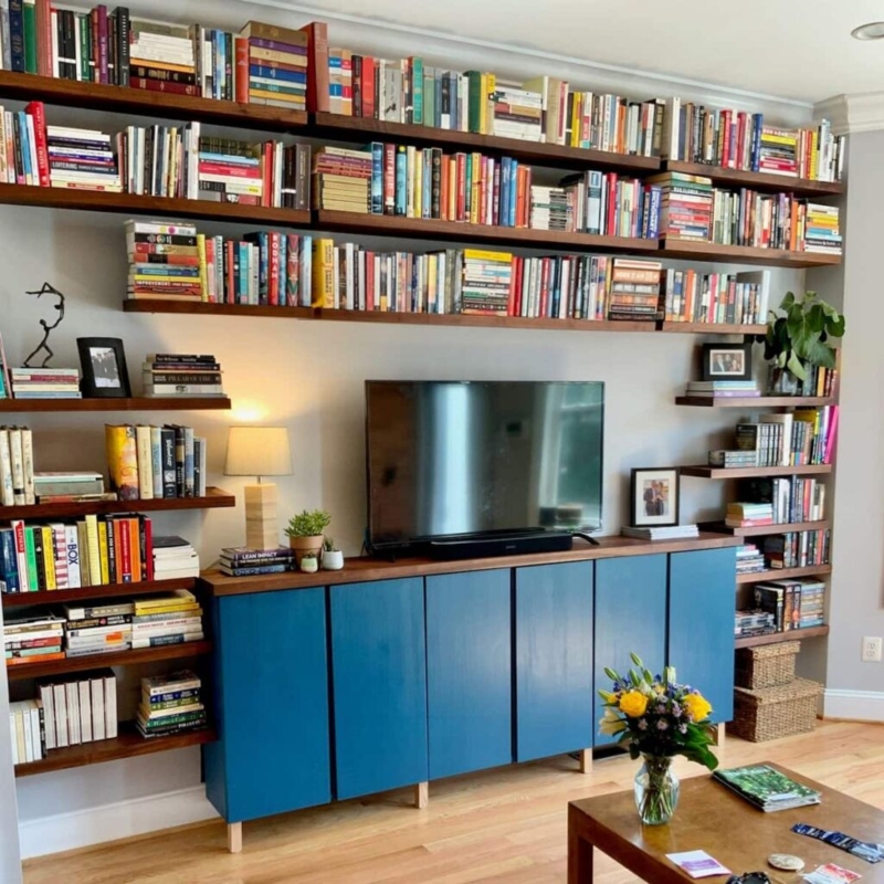 Floating Shelves Tiered Layout With Blue Media Console