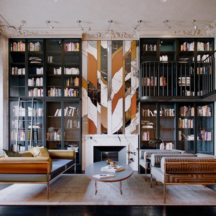 Floor-To-Ceiling Black Bookshelves & Geometric Fireplace Mural Wall