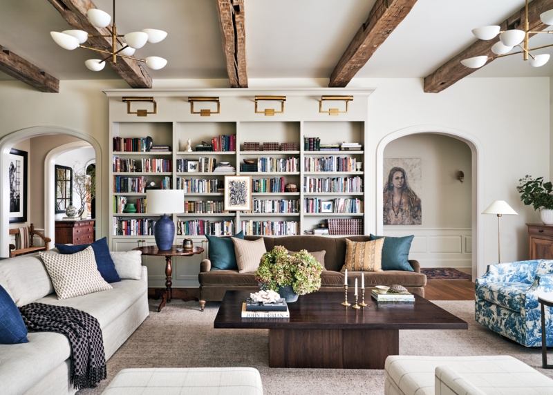 Floor-to-Ceiling Built-in Bookcase and Rustic Exposed Wood Beams