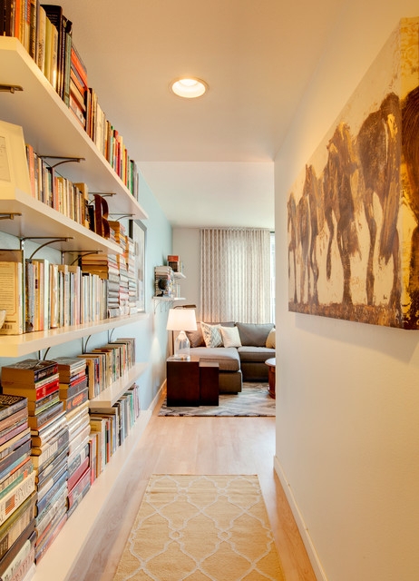 Floor-to-Ceiling Hallway Wall Shelves with Large Horse Art