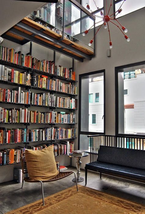 Floor To Ceiling Shelves Industrial Loft Mezzanine Red Chandelier