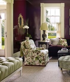 Floral Accent Chair and Tufted Olive Green Ottoman Styling
