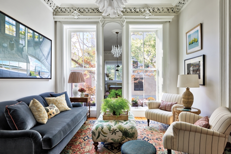 Floral Ottoman as Coffee Table: Transitional Townhouse with Ornate Molding