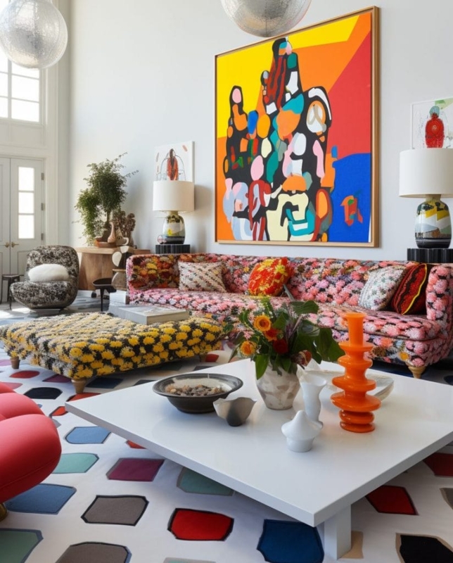 Floral Sofa Styling with Colorful Geometric Area Rug