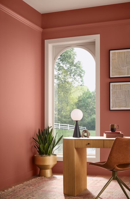Fluted Wood Desk styling in a Contemporary Home Office with Arched Window.