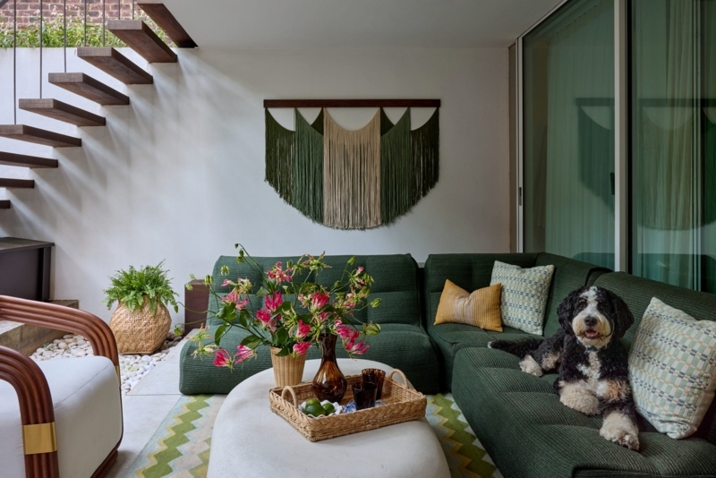 Forest Green Ribbed Sectional near Floating Stairs