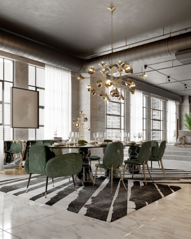 Forest Green Velvet Dining Chairs With Eclectic Gold Trumpet Chandelier