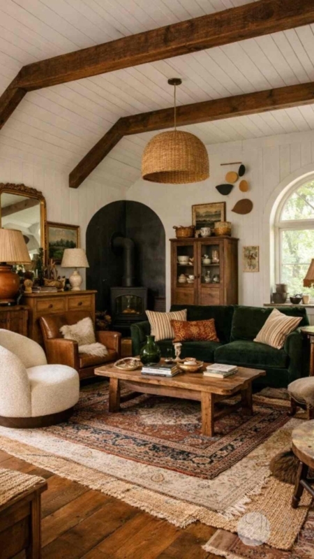 Forest Green Velvet Sofa with Wood Beams, Modern Cottage Ideas