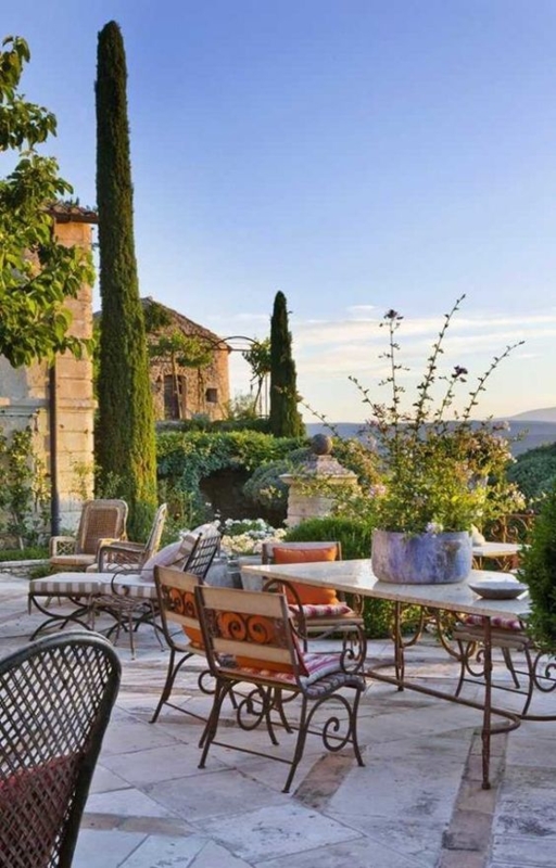 Forged Iron Terrace Set with Stone Topped Table