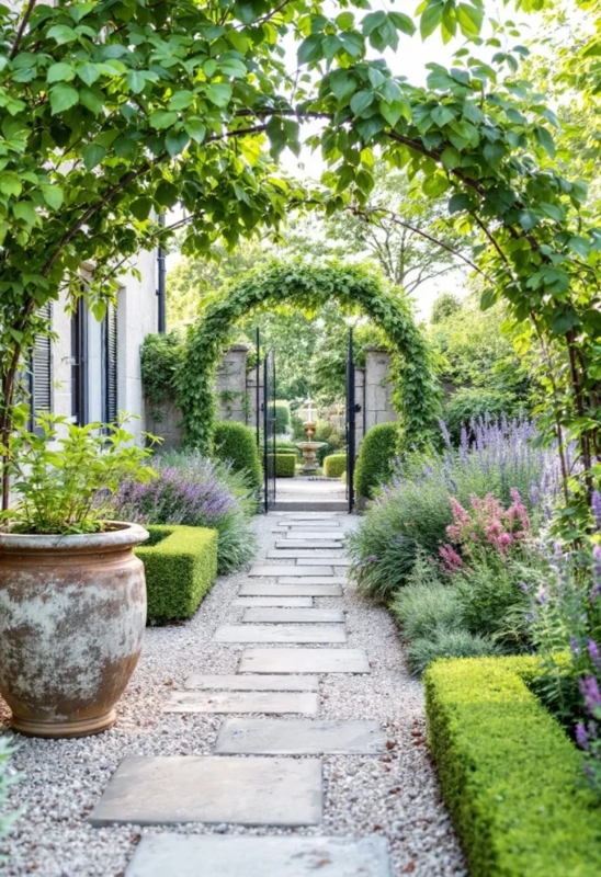 Formal French Country Garden with Boxwood Parterre and Gravel Path